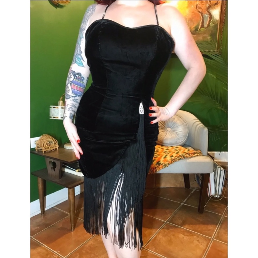 Phenomenal true vintage velvet fringe cocktail dress